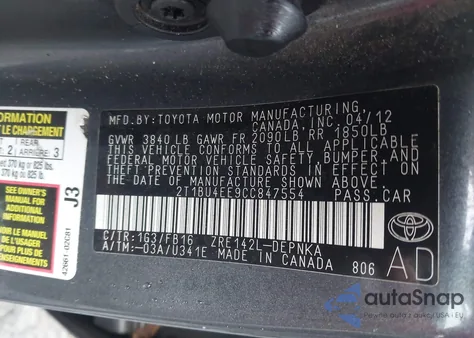 2012 Toyota Corolla Le z USA, uszkodzony, nr VIN 2T1BU4EE9CC847554